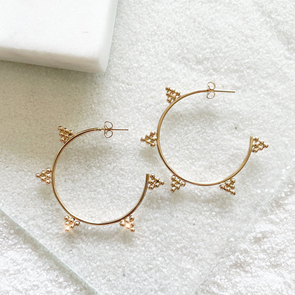 Dewdrop Collection - You didn't know you need, but now you won't be able to live without!  Start a new day with dewdrop hoops that bring magic and spark joy in your life.  Chic element and edgy silhouette combined to create the perfect pair of unique statement hoops.      14k Gold Filled  Approximately 1 3/4