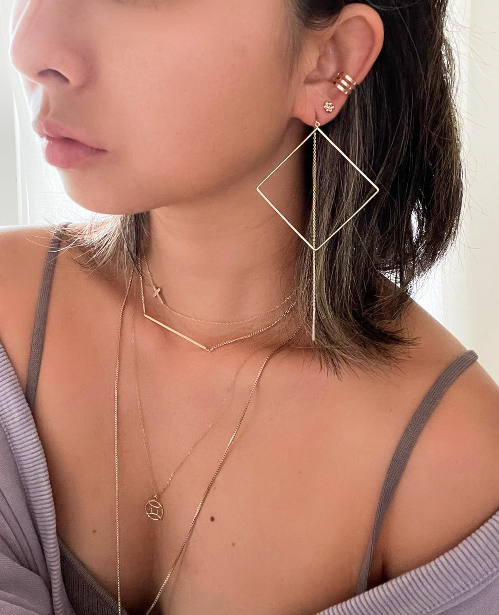 Square Black Gems Linear Earrings Fine Jewelry Threader - Temu