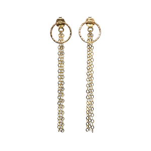 Looking for something a little bit more than just studs?  Make a statement with these studs with long chain backing! Whether you choose to wear studs with your own regular stud backings or our classic elegant flow style, you're sure to love your look! The 2-way styles of these earrings are a must-have!   Materials 14K Gold Filled  Size 2 1/4"