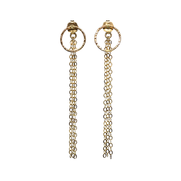 Looking for something a little bit more than just studs?  Make a statement with these studs with long chain backing! Whether you choose to wear studs with your own regular stud backings or our classic elegant flow style, you're sure to love your look! The 2-way styles of these earrings are a must-have!   Materials 14K Gold Filled  Size 2 1/4
