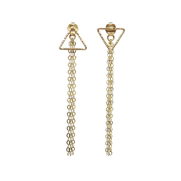 Triangle studs with long chain backings. Looking for something a little bit more than just studs?  Make a statement with these studs with long chain backing! Whether you choose to wear studs with your own regular stud backings or our classic elegant flow style, you're sure to love your look! The 2-way styles of these earrings are a must-have!      Materials: 14K Gold Filled  Size: 2 1/4