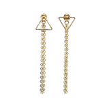 Triangle studs with long chain backings. Looking for something a little bit more than just studs?  Make a statement with these studs with long chain backing! Whether you choose to wear studs with your own regular stud backings or our classic elegant flow style, you're sure to love your look! The 2-way styles of these earrings are a must-have!      Materials: 14K Gold Filled  Size: 2 1/4"