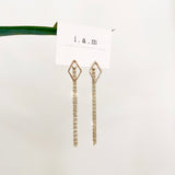 diamond studs with long chain backings. Looking for something a little bit more than just studs?  Make a statement with these studs with long chain backing! Whether you choose to wear studs with your own regular stud backings or our classic elegant flow style, you're sure to love your look! The 2-way styles of these earrings are a must-have!   Materials 14K Gold Filled  Size 2 1/4"