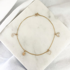 Sophisticated summer look from the ground up with our dainty + classy anklets♡︎  Full of joy is packed in this anklet♡︎ Delicate and durable rolo chain adorned with all the charms - mini moon, dewdrop flower, mini heart and mini rainbow! Perfect anklet for any outfit, any mood!  14K Gold Filled 